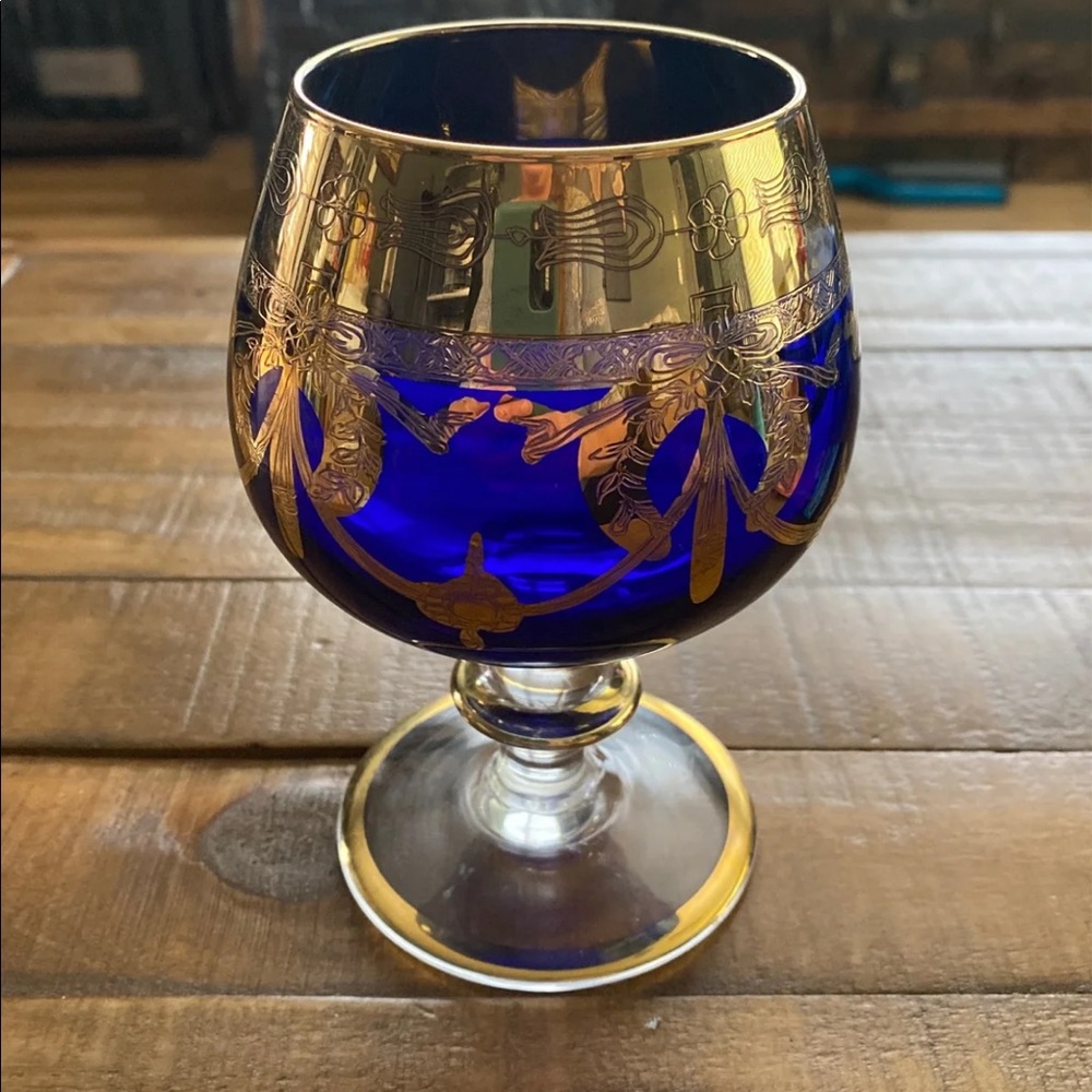Interglass Italy Crystal Glass - 24K Gold Cobalt Blue Italian Brandy Snifter